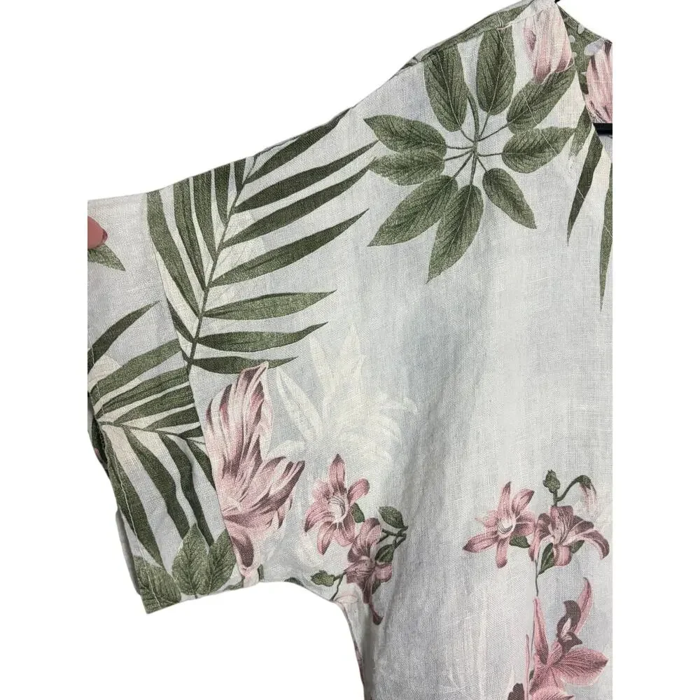 Pistache Italy 100% Linen Floral Top Medium Tropical Botanical Blouse Resort - Picture 3 of 7